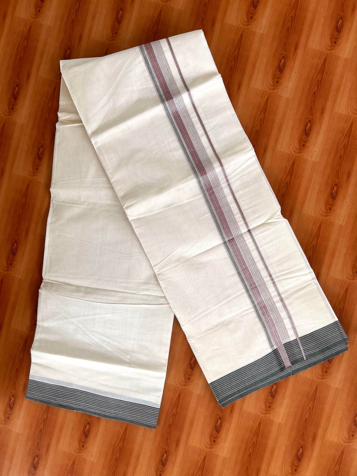 Double Off White  Mundu/Dhoti- 20% Discount! KaithariKada Balaramapuram Pure Cotton - 100x100 - 1.25 inch Silver Kasav & Pink & Sage Green Design Striped Kara - 4mtr (8.5muzham) - 1 KK5428 VAS