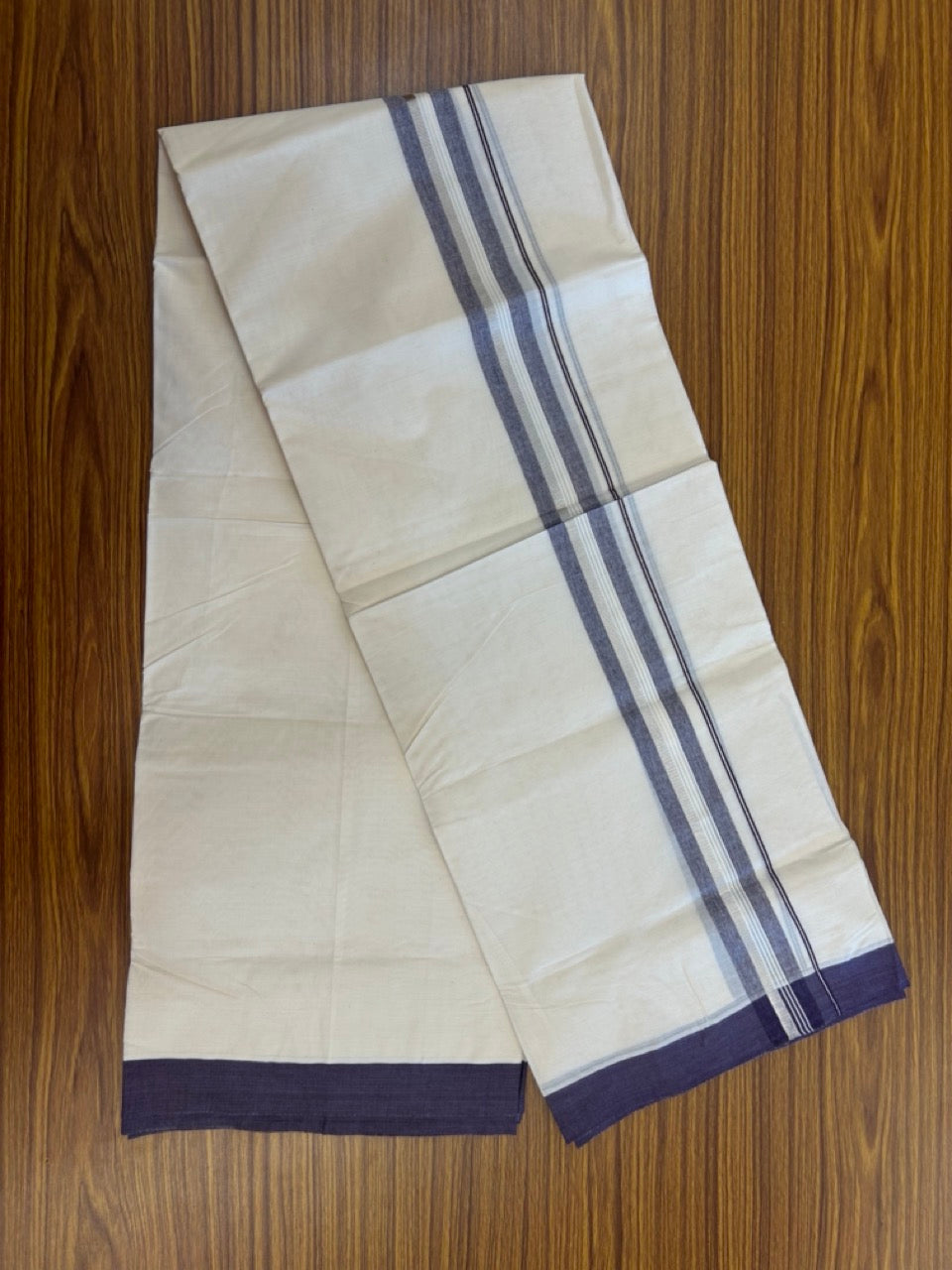 20% Discount ! KaithariKada Balaramapuram 100% Cotton Off White (Unbleached) Double Mundu/Dhoti - 80s - 1.5 inch Silver Kasav & Deep Purple Striped kara 4 mtr (8.5 muzham) - 31 KK5302 MUT