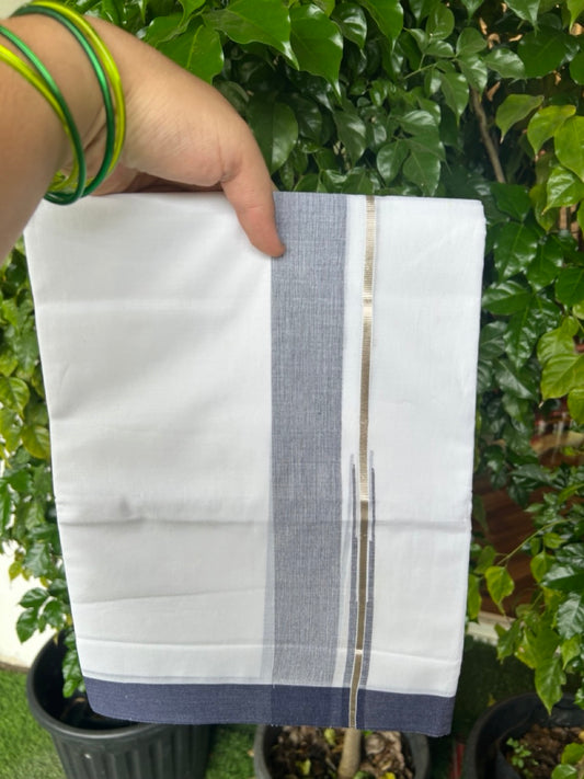 20% DISCOUNT!! Kaitharikada Balaramapuram 100% Pure Cotton PURE WHITE Double Mundu/Dothi - 100x80 - 1.75 Inch Silver Kasavu Navy Blue shaded Stripes Puliyilakkara Chutty - 32KK5217 CKS
