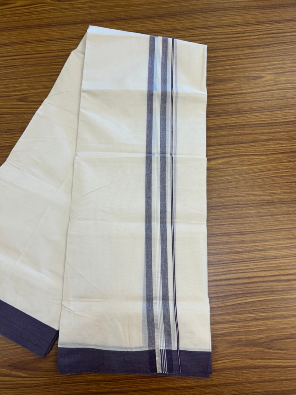 20% Discount ! KaithariKada Balaramapuram 100% Cotton Off White (Unbleached) Double Mundu/Dhoti - 80s - 1.5 inch Silver Kasav & Deep Purple Striped kara 4 mtr (8.5 muzham) - 31 KK5302 MUT