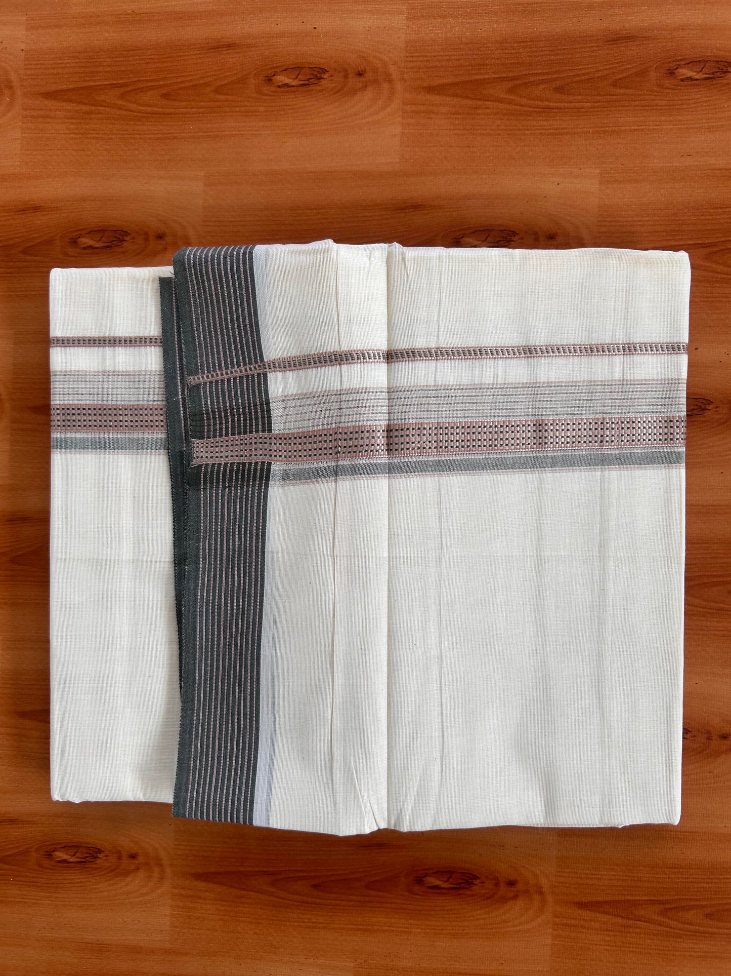 Double Off White  Mundu/Dhoti- 20% Discount! KaithariKada Balaramapuram Pure Cotton - 100x100 - 1.25 inch Silver Kasav & Peach & Sage Green Design Striped Kara - 4mtr (8.5muzham) - 2 KK5428 VAS