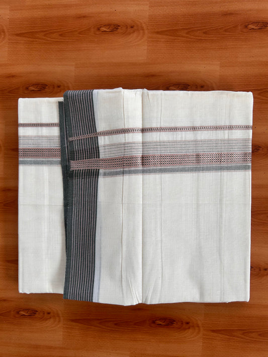 Double Off White  Mundu/Dhoti- 20% Discount! KaithariKada Balaramapuram Pure Cotton - 100x100 - 1.25 inch Silver Kasav & Peach & Sage Green Design Striped Kara - 4mtr (8.5muzham) - 2 KK5428 VAS
