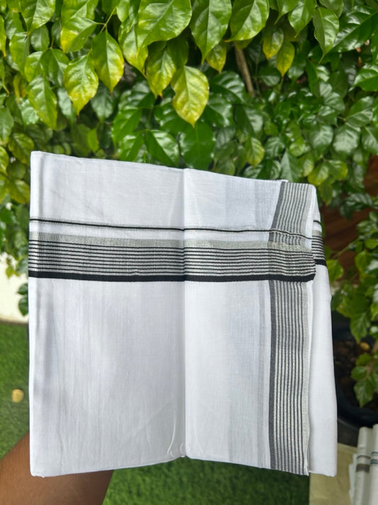 20% Discount !! KaithariKada Balaramapuram Double PURE WHITE Mundu/Dhoti- 100x80 - 1.25 inch Black & Silver Kasavu Striped kara - 20KK5217 CKS