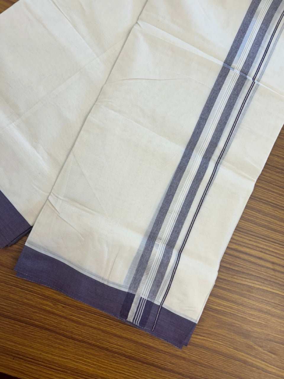 20% Discount ! KaithariKada Balaramapuram 100% Cotton Off White (Unbleached) Double Mundu/Dhoti - 80s - 1.5 inch Silver Kasav & Deep Purple Striped kara 4 mtr (8.5 muzham) - 31 KK5302 MUT