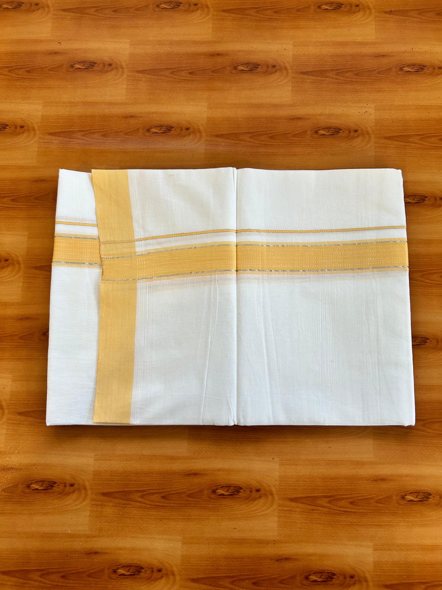 Pure White Double Mundu/Dothi - 20% Discount ! Kaitharikada 100% Cotton 100x100 - 1.25 inch Silver Kasav & Yellow Striped Kara 3.80 m (8 muzham) - 1 KK5476 MC