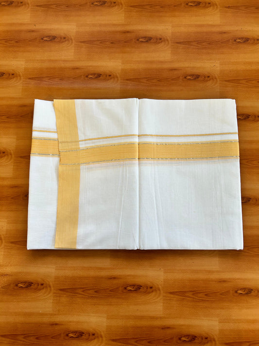 Pure White Double Mundu/Dothi - 20% Discount ! Kaitharikada 100% Cotton 100x100 - 1.25 inch Silver Kasav & Yellow Striped Kara 3.80 m (8 muzham) - 1 KK5476 MC
