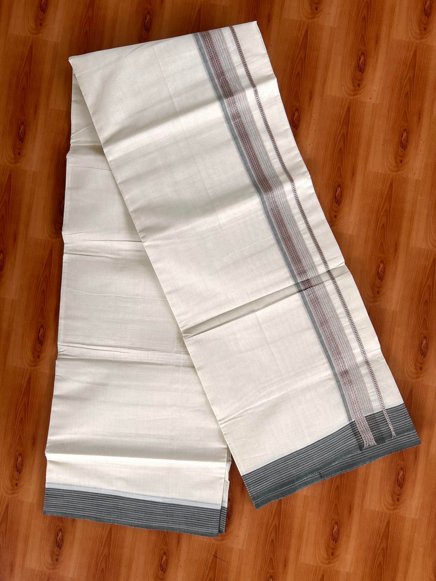 Double Off White  Mundu/Dhoti- 20% Discount! KaithariKada Balaramapuram Pure Cotton - 100x100 - 1.25 inch Silver Kasav & Peach & Sage Green Design Striped Kara - 4mtr (8.5muzham) - 2 KK5428 VAS