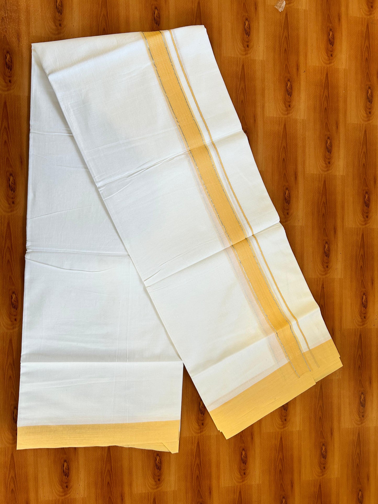 Pure White Double Mundu/Dothi - 20% Discount ! Kaitharikada 100% Cotton 100x100 - 1.25 inch Silver Kasav & Yellow Striped Kara 3.80 m (8 muzham) - 1 KK5476 MC