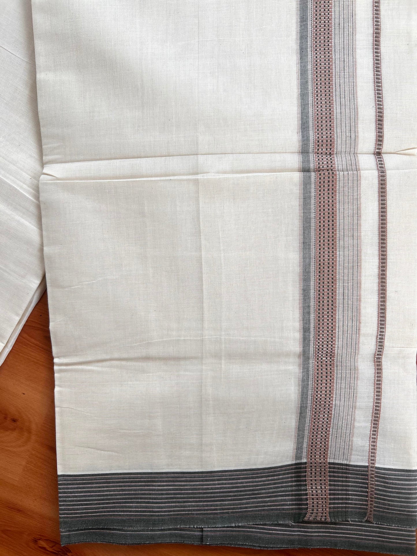 Double Off White  Mundu/Dhoti- 20% Discount! KaithariKada Balaramapuram Pure Cotton - 100x100 - 1.25 inch Silver Kasav & Peach & Sage Green Design Striped Kara - 4mtr (8.5muzham) - 2 KK5428 VAS