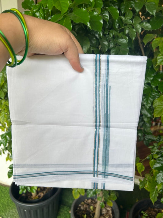 20% Discount !! KaithariKada Balaramapuram Double PURE WHITE Mundu/Dhoti- 100x80 - 1 cm Silver Kasavu Blue Green & Black shaded Puliyilakkara Chutty - 21KK5217 CKS