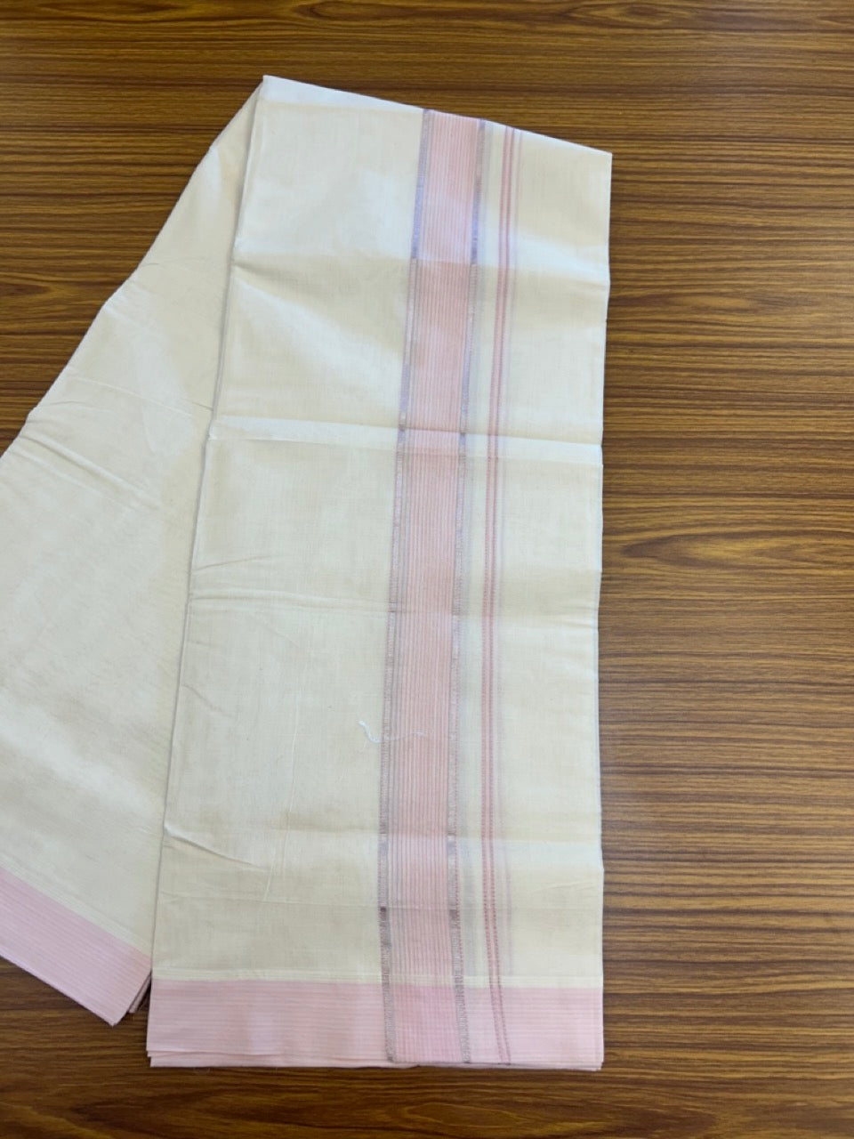 20% Discount ! KaithariKada Balaramapuram 100% Cotton Off White (Unbleached) Double Mundu/Dhoti - 80s - 1.75 inch Silver Kasav & Baby Pink Shaded Stripes kara 4 mtr (8.5 muzham) - 20 KK5302 MUT