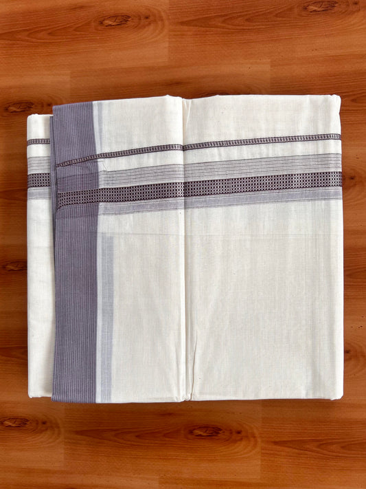 Double Off White  Mundu/Dhoti- 20% Discount! KaithariKada Balaramapuram Pure Cotton - 100x100 - 1.25 inch Silver Kasav & Purple & Grey Design Striped Kara - 4mtr (8.5muzham) - 4 KK5428 VAS