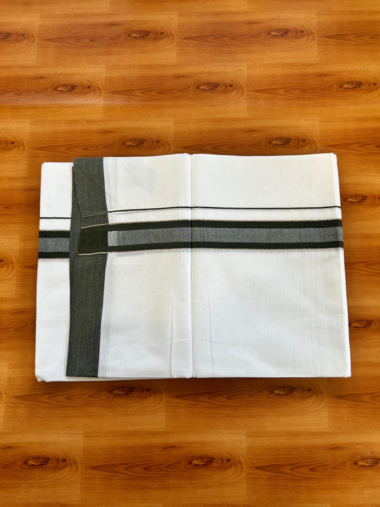 Pure White Double Mundu/Dothi - 20% Discount ! Kaitharikada 100% Cotton 100x100 - 1.25 inch Silver Kasav & Seaweed Green Shaded Stripes Kara 3.80 m (8 muzham) - 2 KK5476 MC