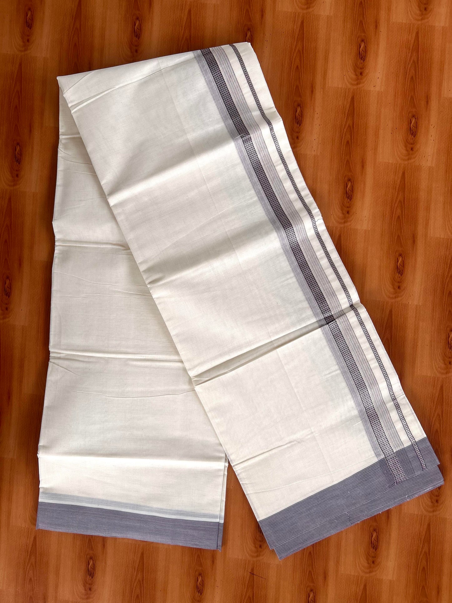 Double Off White  Mundu/Dhoti- 20% Discount! KaithariKada Balaramapuram Pure Cotton - 100x100 - 1.25 inch Silver Kasav & Purple & Grey Design Striped Kara - 4mtr (8.5muzham) - 4 KK5428 VAS
