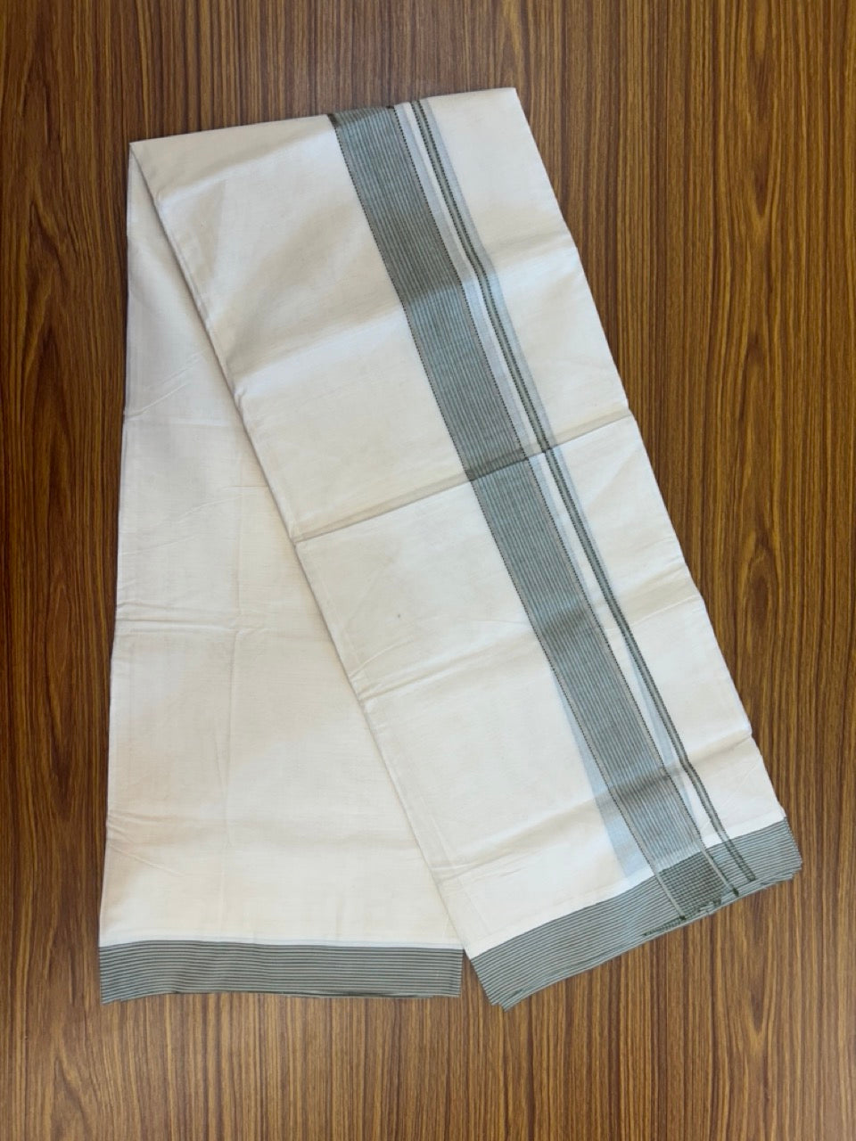20% Discount ! KaithariKada Balaramapuram 100% Cotton Off White (Unbleached) Double Mundu/Dhoti - 80s - 1.75 inch Silver Kasav & Olive Green Shaded Stripes kara 4 mtr (8.5 muzham) - 19 KK5302 MUT