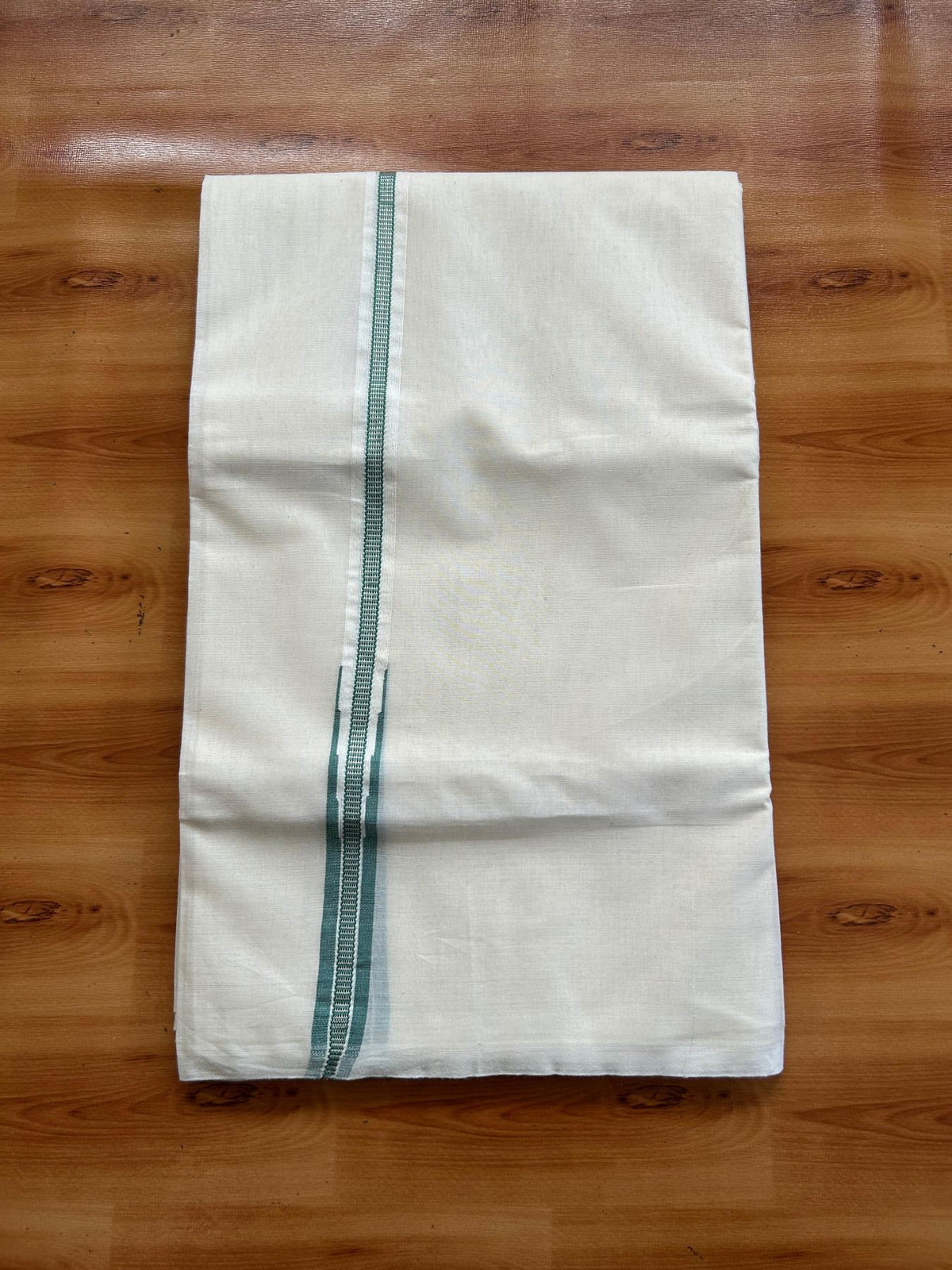 Double Off White (Unbleached) Mundu/Dhoti - 20% Discount!! KaithariKada Pulimood 100% Cotton 100X100 - 1.5 cm Puliyilakkara Silver Kasav & Teel Green Striped Chutty Kara - 3.75 mtr (8 muzham) - 7 KK5545 ASH