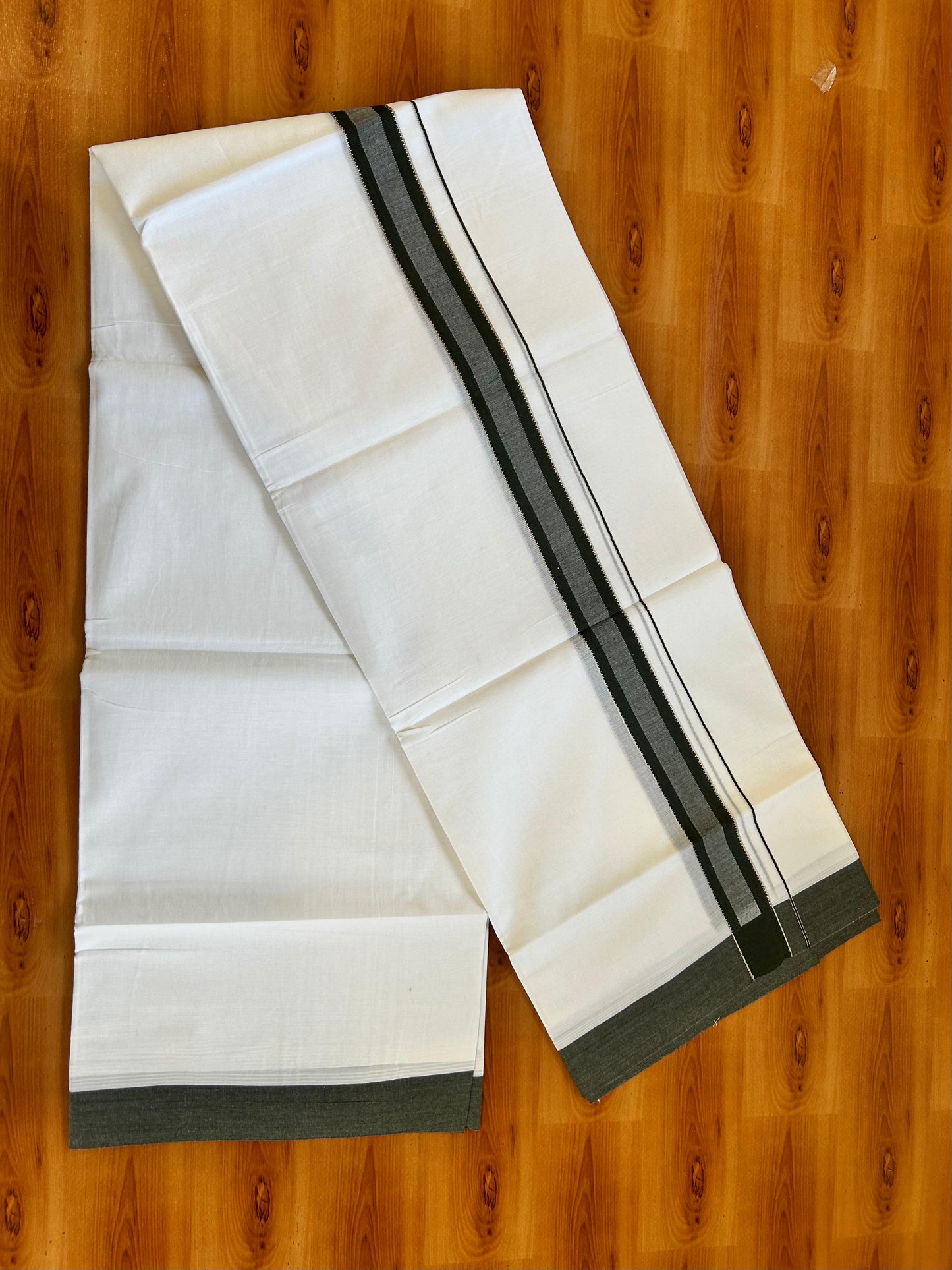 Pure White Double Mundu/Dothi - 20% Discount ! Kaitharikada 100% Cotton 100x100 - 1.25 inch Silver Kasav & Seaweed Green Shaded Stripes Kara 3.80 m (8 muzham) - 2 KK5476 MC