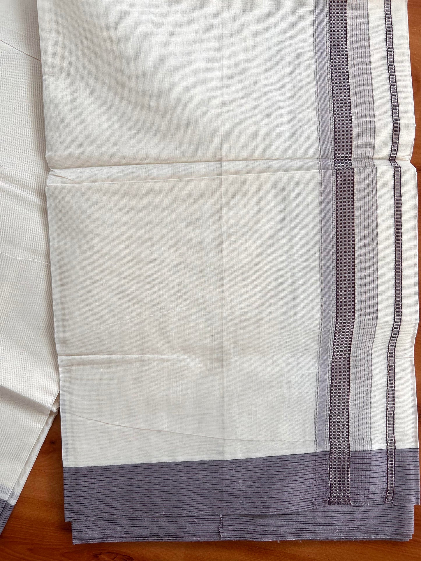 Double Off White  Mundu/Dhoti- 20% Discount! KaithariKada Balaramapuram Pure Cotton - 100x100 - 1.25 inch Silver Kasav & Purple & Grey Design Striped Kara - 4mtr (8.5muzham) - 4 KK5428 VAS