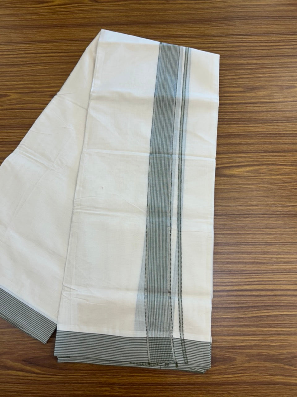 20% Discount ! KaithariKada Balaramapuram 100% Cotton Off White (Unbleached) Double Mundu/Dhoti - 80s - 1.75 inch Silver Kasav & Olive Green Shaded Stripes kara 4 mtr (8.5 muzham) - 19 KK5302 MUT