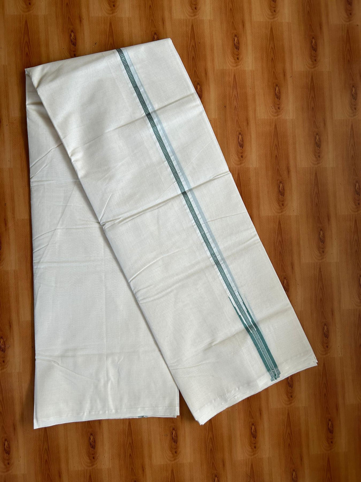 Double Off White (Unbleached) Mundu/Dhoti - 20% Discount!! KaithariKada Pulimood 100% Cotton 100X100 - 1.5 cm Puliyilakkara Silver Kasav & Teel Green Striped Chutty Kara - 3.75 mtr (8 muzham) - 7 KK5545 ASH