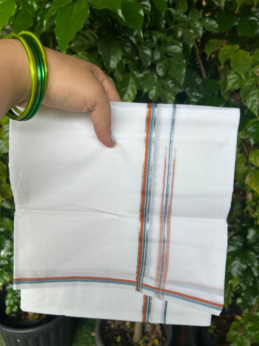 20% Discount !! Kaitharikada Balaramapuram 100% Cotton PURE WHITE DOUBLE Mundu/Dothi- 100X80 - 0.25 inch Silver Kasavu Light Orange & Blue Green Design Chutty Kara - 14KK5217 CKS