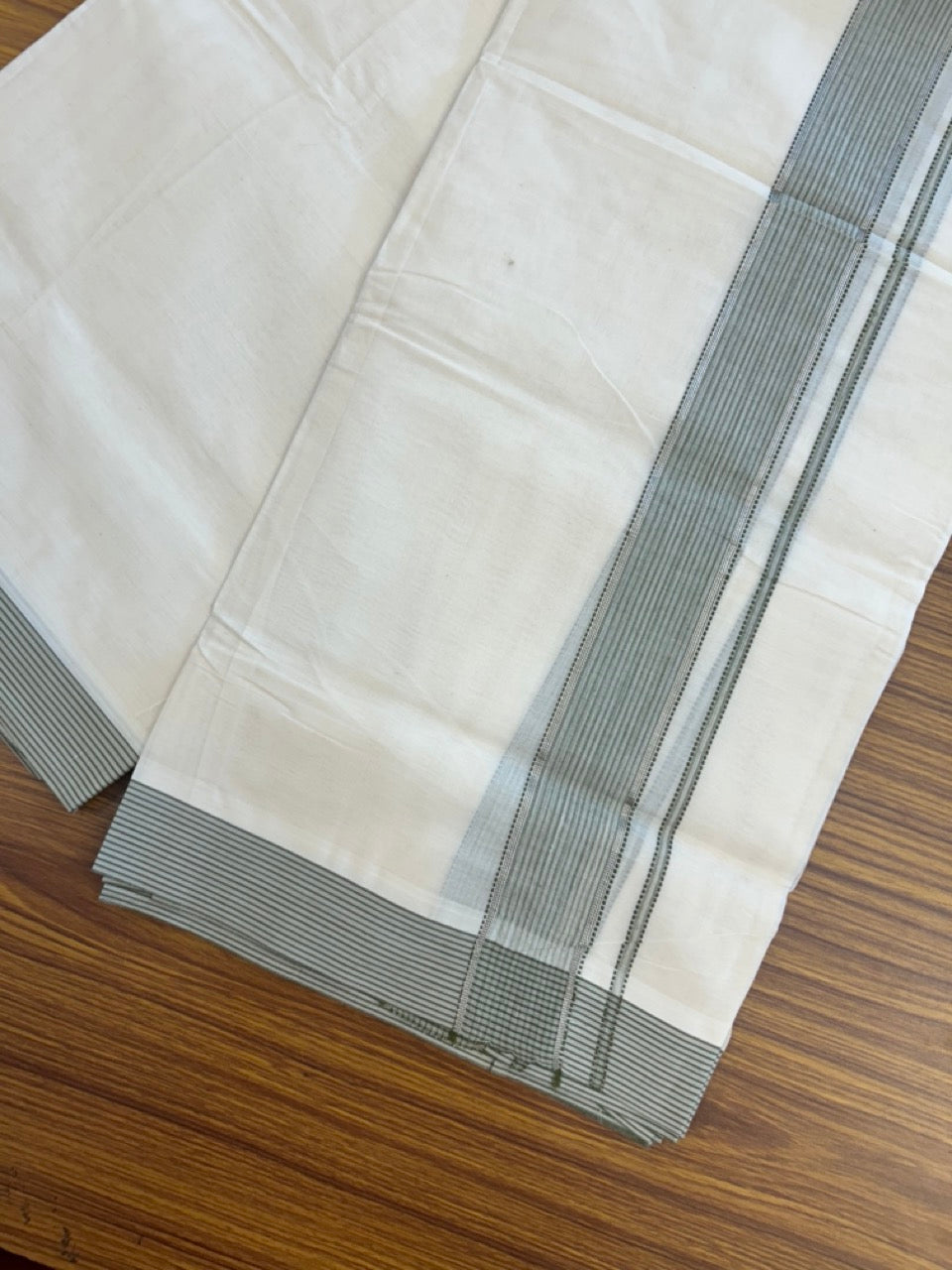 20% Discount ! KaithariKada Balaramapuram 100% Cotton Off White (Unbleached) Double Mundu/Dhoti - 80s - 1.75 inch Silver Kasav & Olive Green Shaded Stripes kara 4 mtr (8.5 muzham) - 19 KK5302 MUT