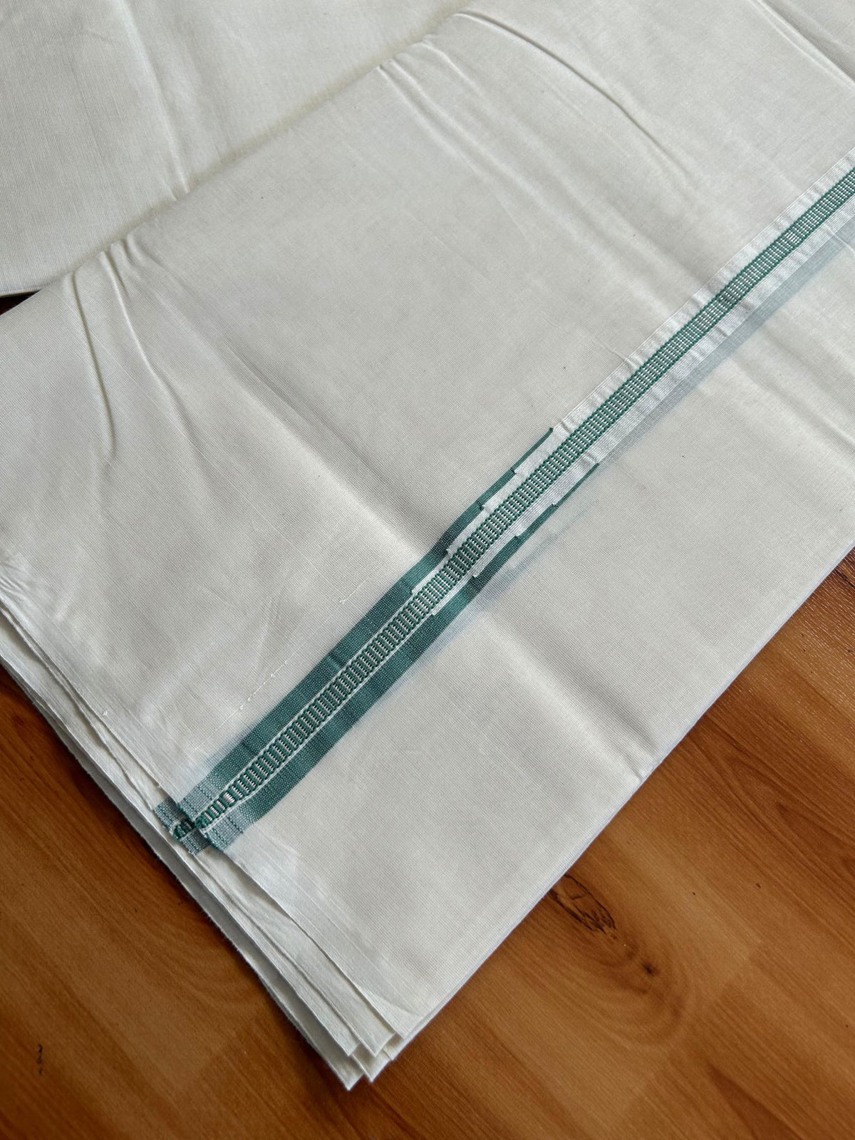 Double Off White (Unbleached) Mundu/Dhoti - 20% Discount!! KaithariKada Pulimood 100% Cotton 100X100 - 1.5 cm Puliyilakkara Silver Kasav & Teel Green Striped Chutty Kara - 3.75 mtr (8 muzham) - 7 KK5545 ASH