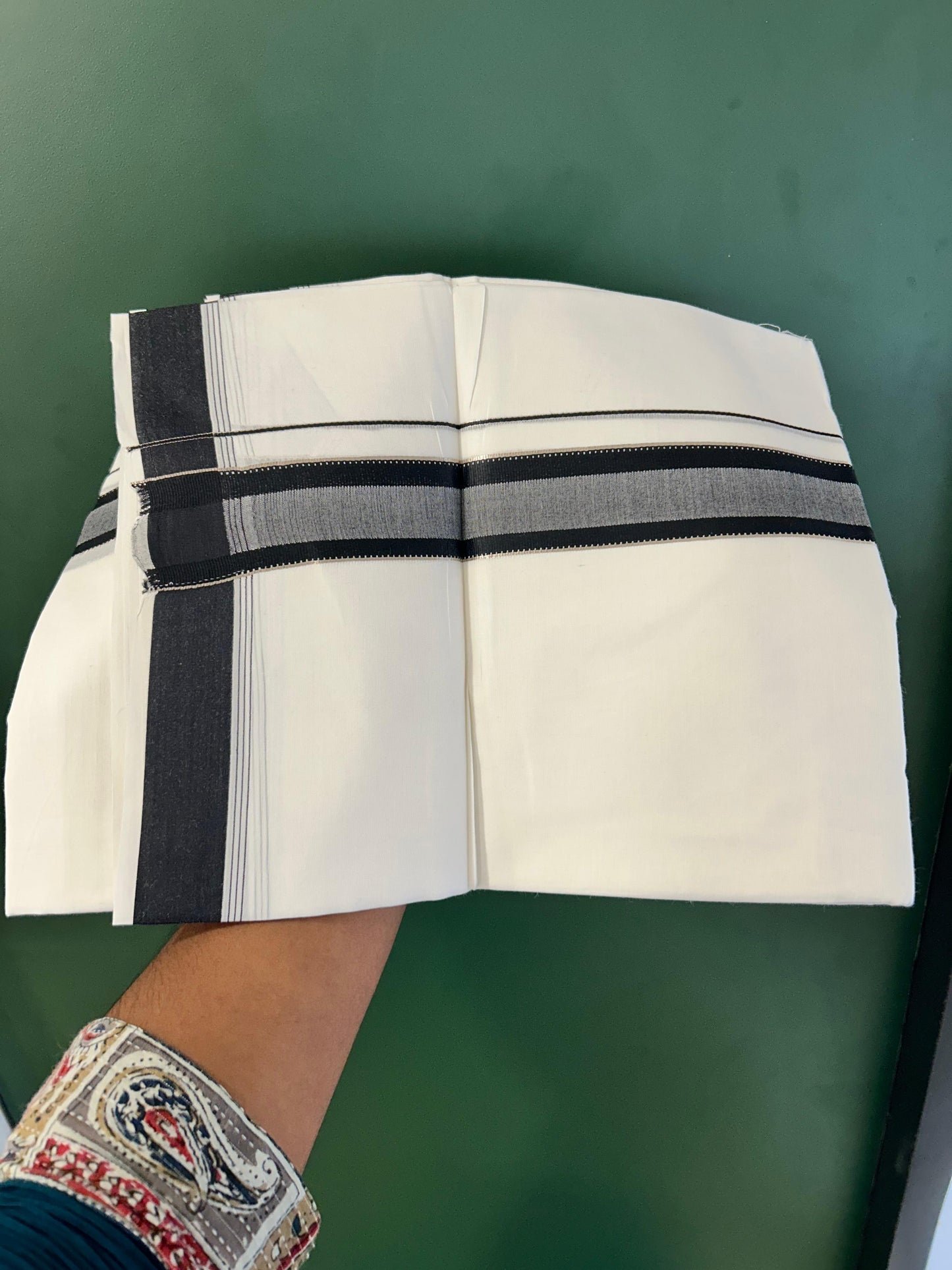 Pure White Double Mundu/Dothi - 20% Discount ! Kaitharikada 100% Cotton 100x100 - 1.5 inch Silver Kasav & Black Shaded Stripes Kara 3.80 m (8 muzham) - 13 KK5476 MC