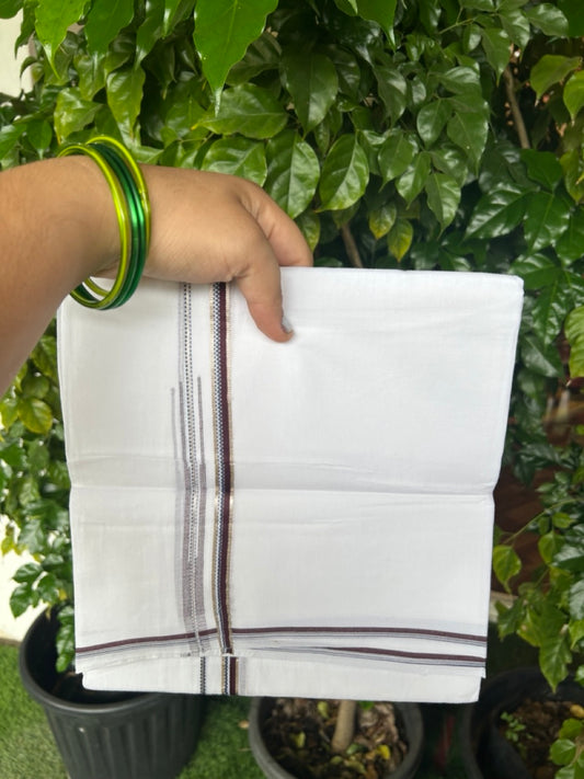 20% Discount !! Kaitharikada Balaramapuram 100% Cotton PURE WHITE DOUBLE Mundu/Dothi- 100X80 - 0.25 inch Silver Kasavu Wine Marron & Navy Blue Design Chutty Kara - 13KK5217 CKS