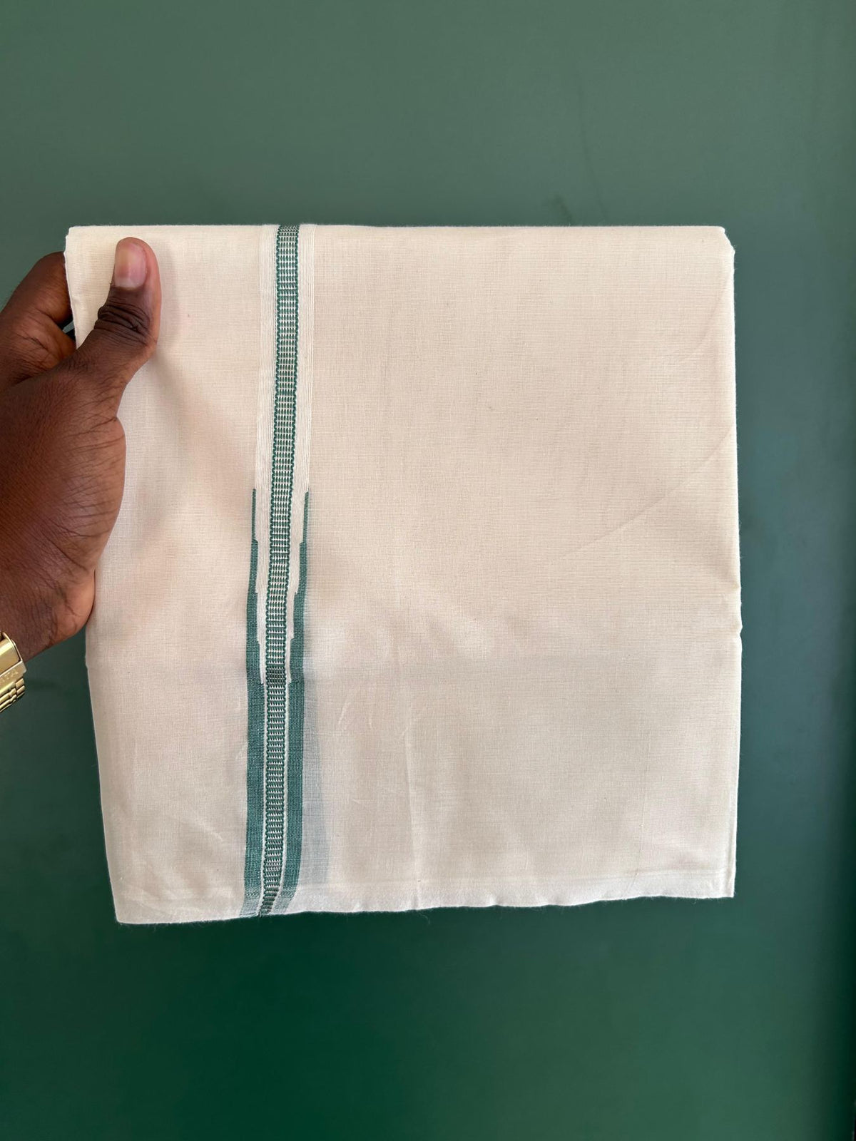 Double Off White (Unbleached) Mundu/Dhoti - 20% Discount!! KaithariKada Pulimood 100% Cotton 100X100 - 1.5 cm Puliyilakkara Silver Kasav & Teel Green Striped Chutty Kara - 3.75 mtr (8 muzham) - 7 KK5545 ASH