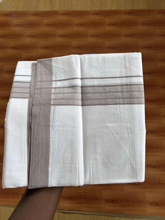 Double Pure white Mundu / Dhothi - 20% Discount ! KaithariKada Balaramapuram - 100% Pure Cotton 100x80 - 1.5 inch Greyish Brown Shaded Striped Kara 4.5 Meters (10 Muzham) - 25 KK5391 THI