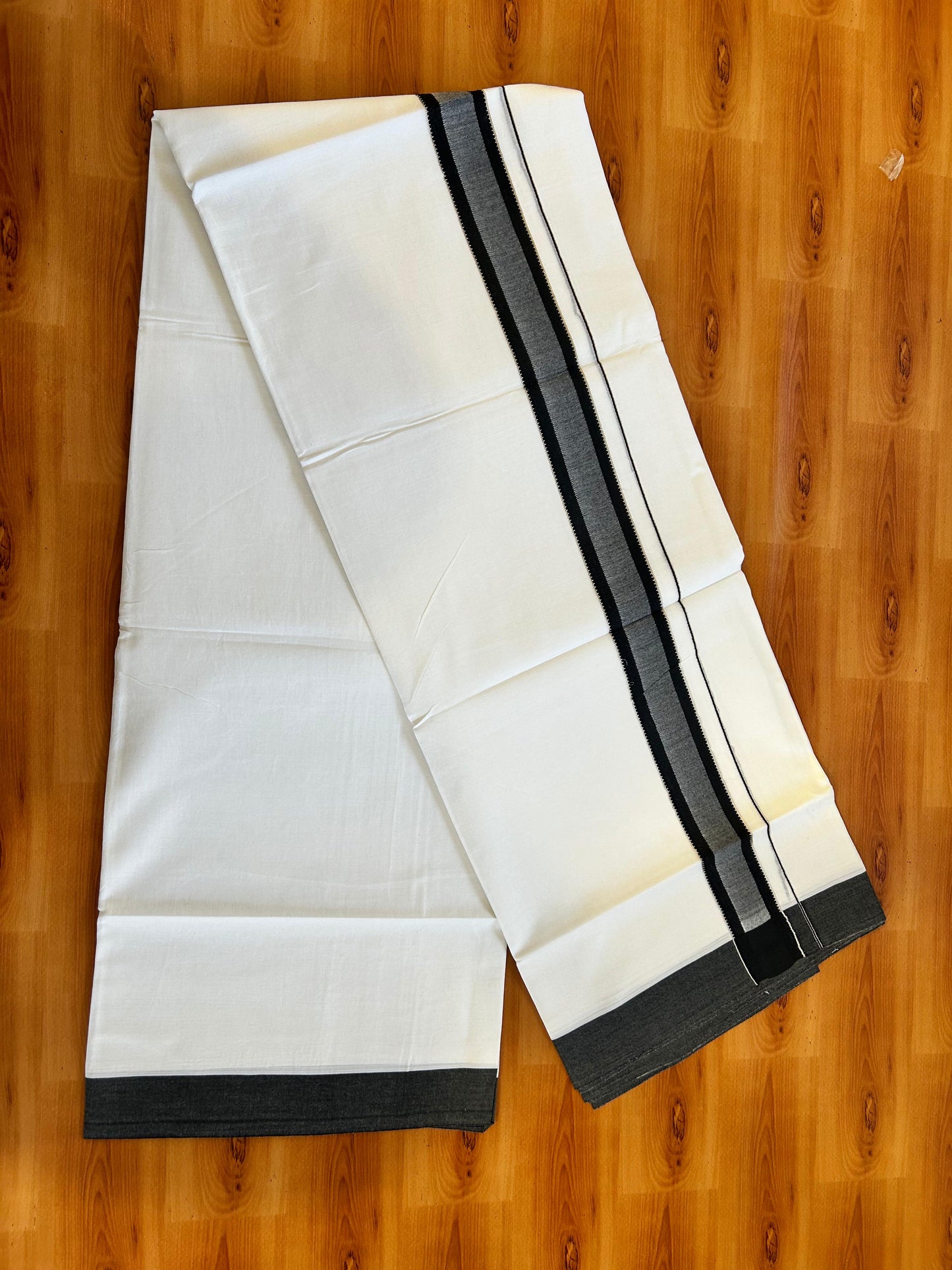 Pure White Double Mundu/Dothi - 20% Discount ! Kaitharikada 100% Cotton 100x100 - 1.5 inch Silver Kasav & Black Shaded Stripes Kara 3.80 m (8 muzham) - 13 KK5476 MC
