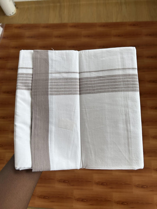 Double Pure white Mundu / Dhothi - 20% Discount ! KaithariKada Balaramapuram - 100% Pure Cotton 100x80 - 1.5 inch Camel Brown Shaded Kara 4.5 Meters (10 Muzham) - 21 KK5391 THI