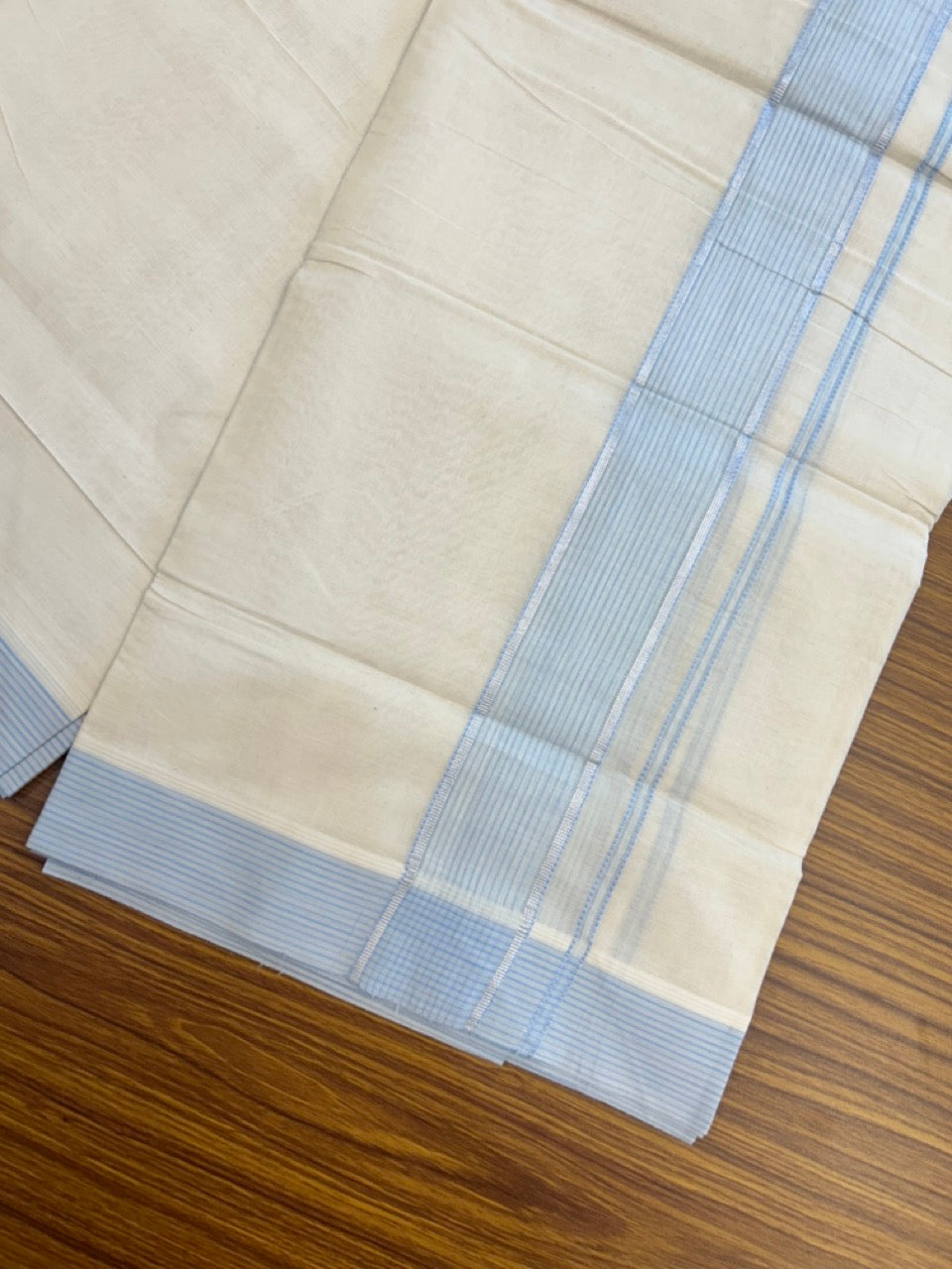 20% Discount ! KaithariKada Balaramapuram 100% Cotton Off White (Unbleached) Double Mundu/Dhoti - 80s - 1.75 inch Silver Kasav & Light Blue Shaded Stripes kara 4 mtr (8.5 muzham) - 21 KK5302 MUT