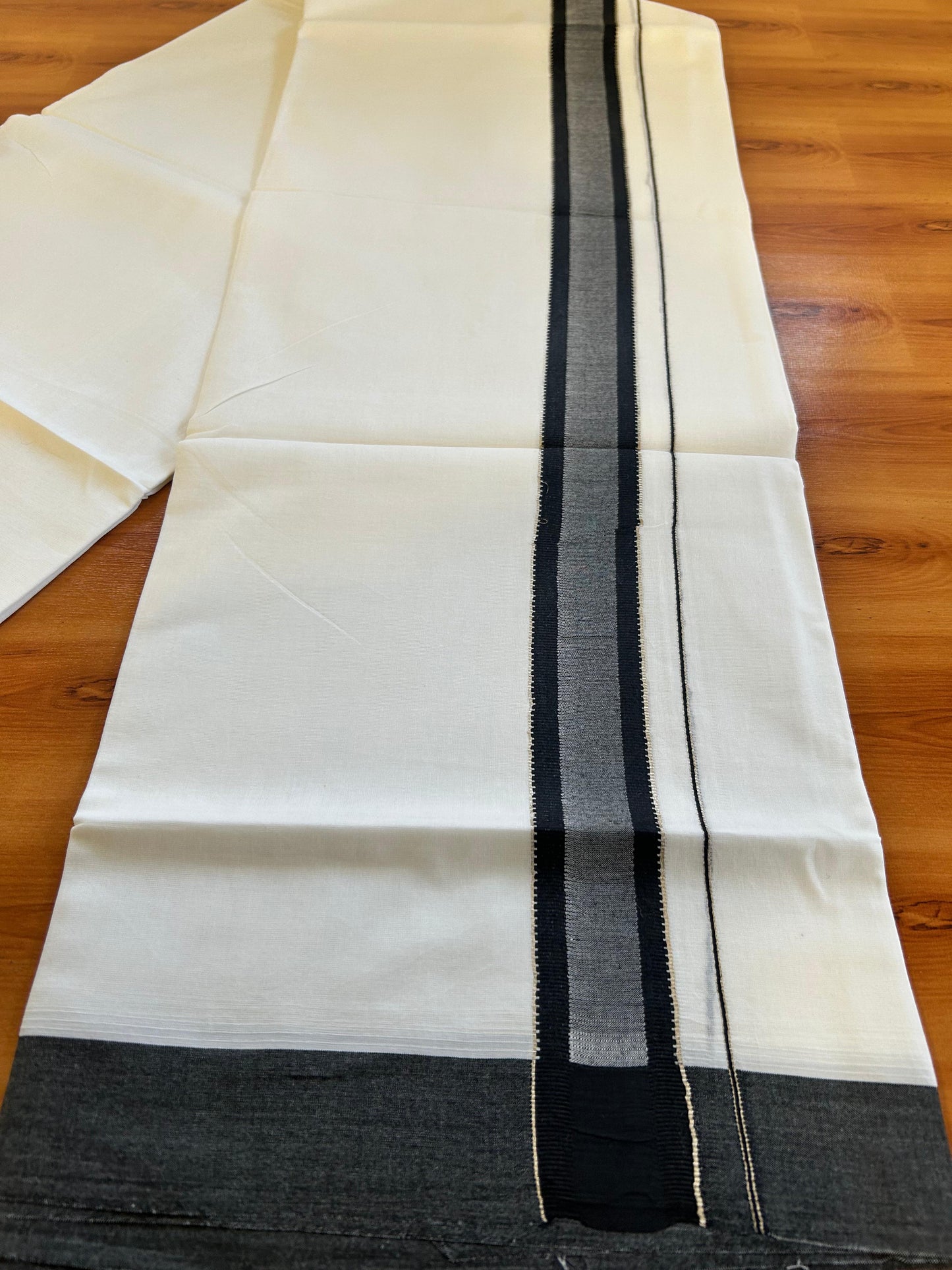 Pure White Double Mundu/Dothi - 20% Discount ! Kaitharikada 100% Cotton 100x100 - 1.5 inch Silver Kasav & Black Shaded Stripes Kara 3.80 m (8 muzham) - 13 KK5476 MC