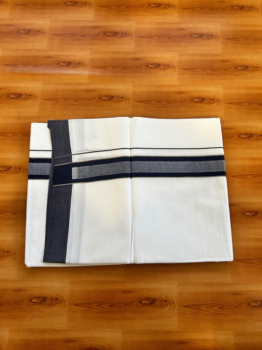 Pure White Double Mundu/Dothi - 20% Discount ! Kaitharikada 100% Cotton 100x100 - 1.5 inch Silver Kasav & Navy Blue Shaded Stripes Kara 3.80 m (8 muzham) - 3 KK5476 MC