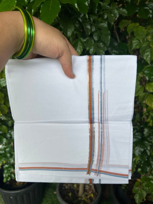 20% Discount !! Kaitharikada Balaramapuram 100% Cotton PURE WHITE DOUBLE Mundu/Dothi- 100X80 - 0.5 inch Silver Kasavu Light Orange & Blue Design Chutty Kara - 17KK5217 CKS