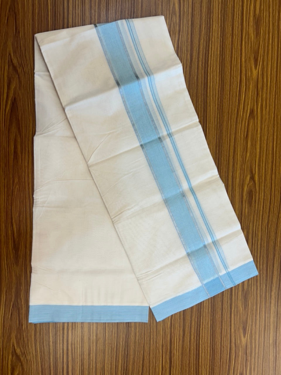 20% Discount ! KaithariKada Balaramapuram 100% Cotton Off White (Unbleached) Double Mundu/Dhoti - 80s - 1.75 inch Silver Kasav & Cyan Shaded Stripes kara 4 mtr (8.5 muzham) - 22 KK5302 MUT