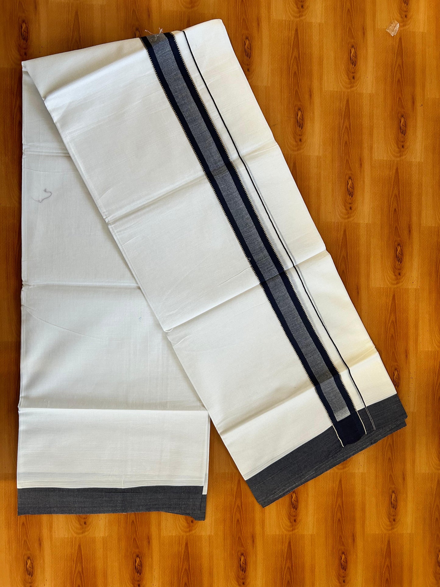 Pure White Double Mundu/Dothi - 20% Discount ! Kaitharikada 100% Cotton 100x100 - 1.5 inch Silver Kasav & Navy Blue Shaded Stripes Kara 3.80 m (8 muzham) - 3 KK5476 MC