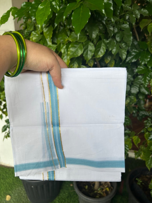 20% DISCOUNT!! Kaitharikada Balaramapuram 100% Pure Cotton PURE WHITE Double Mundu/Dothi - 100x80 - 0.75 Inch Cyan Blue & Gold Kasavu shaded Stripes Puliyilakkara Chutty - 42KK5217 CKS