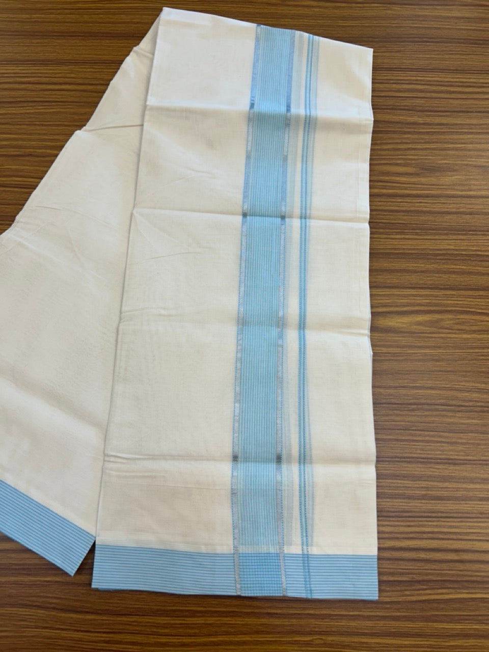 20% Discount ! KaithariKada Balaramapuram 100% Cotton Off White (Unbleached) Double Mundu/Dhoti - 80s - 1.75 inch Silver Kasav & Cyan Shaded Stripes kara 4 mtr (8.5 muzham) - 22 KK5302 MUT