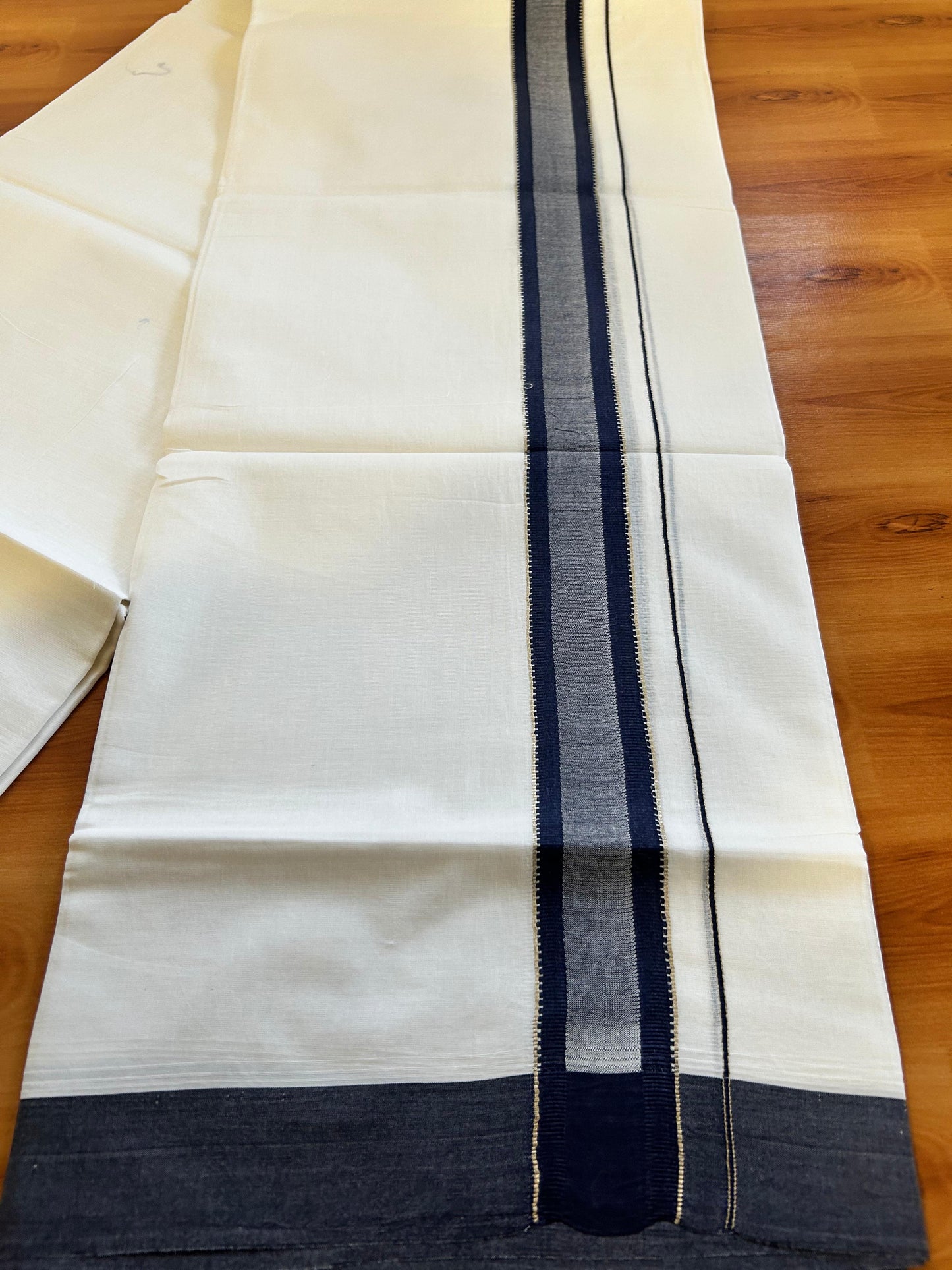 Pure White Double Mundu/Dothi - 20% Discount ! Kaitharikada 100% Cotton 100x100 - 1.5 inch Silver Kasav & Navy Blue Shaded Stripes Kara 3.80 m (8 muzham) - 3 KK5476 MC