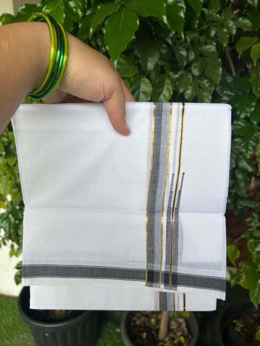 20% DISCOUNT!! Kaitharikada Balaramapuram 100% Pure Cotton PURE WHITE Double Mundu/Dothi - 100x80 - 0.75 Inch Black & Gold Kasavu shaded Stripes Puliyilakkara Chutty - 41KK5217 CKS