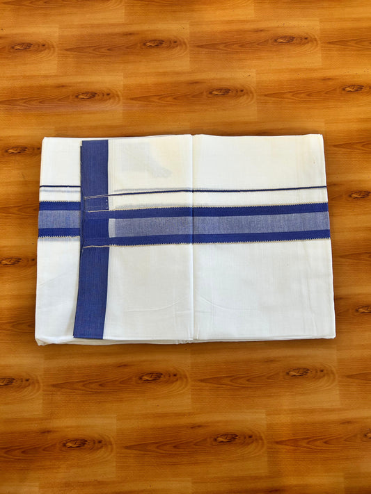 Pure White Double Mundu/Dothi - 20% Discount ! Kaitharikada 100% Cotton 100x100 - 1.75 inch Silver Kasav & Dark Blue Shaded Stripes Kara 3.80 m (8 muzham) - 4 KK5476 MC