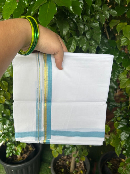 20% DISCOUNT!! Kaitharikada Balaramapuram 100% Pure Cotton PURE WHITE Double Mundu/Dothi - 100x80 - 0.75 Inch Cyan Blue & Gold Kasavu shaded Stripes Puliyilakkara Chutty - 40KK5217 CKS