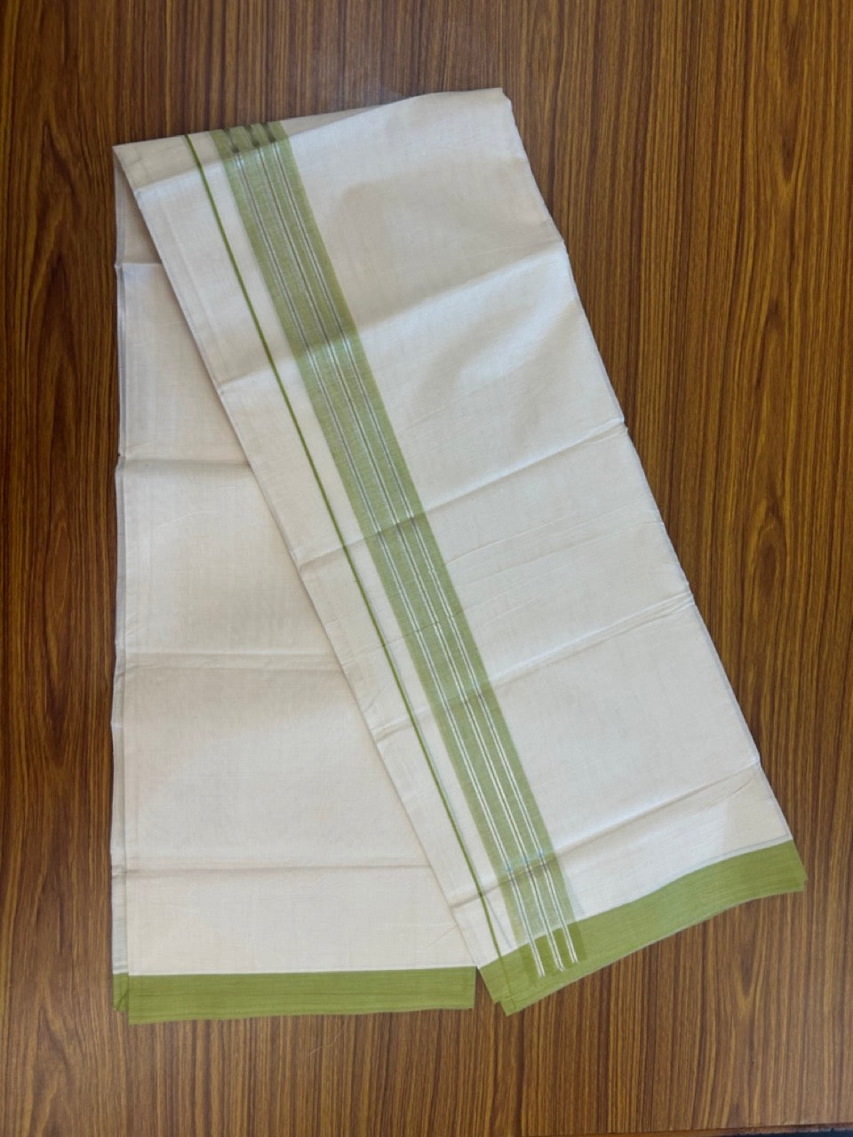 20% Discount ! KaithariKada Balaramapuram 100% Cotton Off White (Unbleached) Double Mundu/Dhoti - 80s - 2 inch Silver Kasav & Mustard Green Shaded Stripes kara 4 mtr (8.5 muzham) - 18 KK5302 MUT