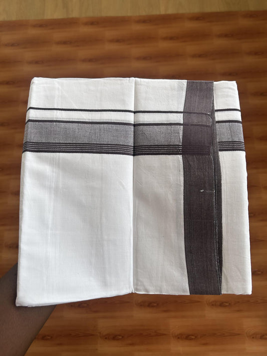 Double Pure white Mundu / Dhothi - 20% Discount ! KaithariKada Balaramapuram - 100% Pure Cotton 100x80 - 1.5 inch Brown Shaded striped Kara 4.5 Meters (10 Muzham) - 22 KK5391 THI