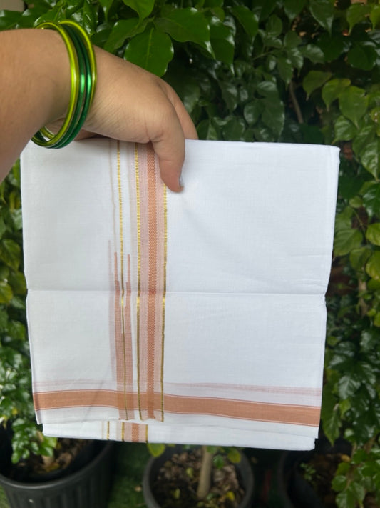 20% DISCOUNT!! Kaitharikada Balaramapuram 100% Pure Cotton PURE WHITE Double Mundu/Dothi - 100x80 - 0.75 Inch Pastel Orange & Gold Kasavu shaded Stripes Puliyilakkara Chutty - 46KK5217 CKS