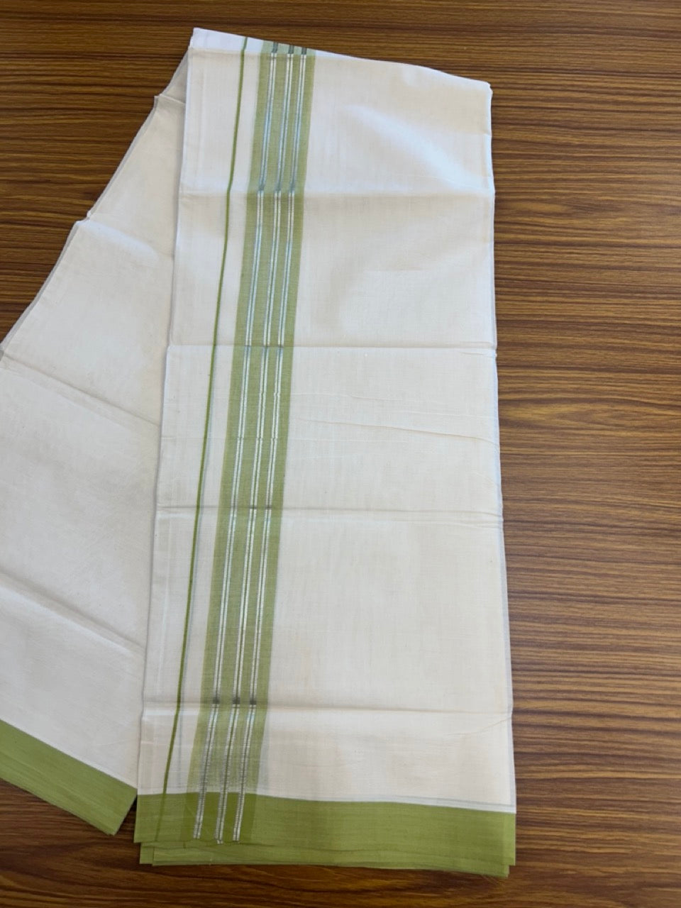 20% Discount ! KaithariKada Balaramapuram 100% Cotton Off White (Unbleached) Double Mundu/Dhoti - 80s - 2 inch Silver Kasav & Mustard Green Shaded Stripes kara 4 mtr (8.5 muzham) - 18 KK5302 MUT