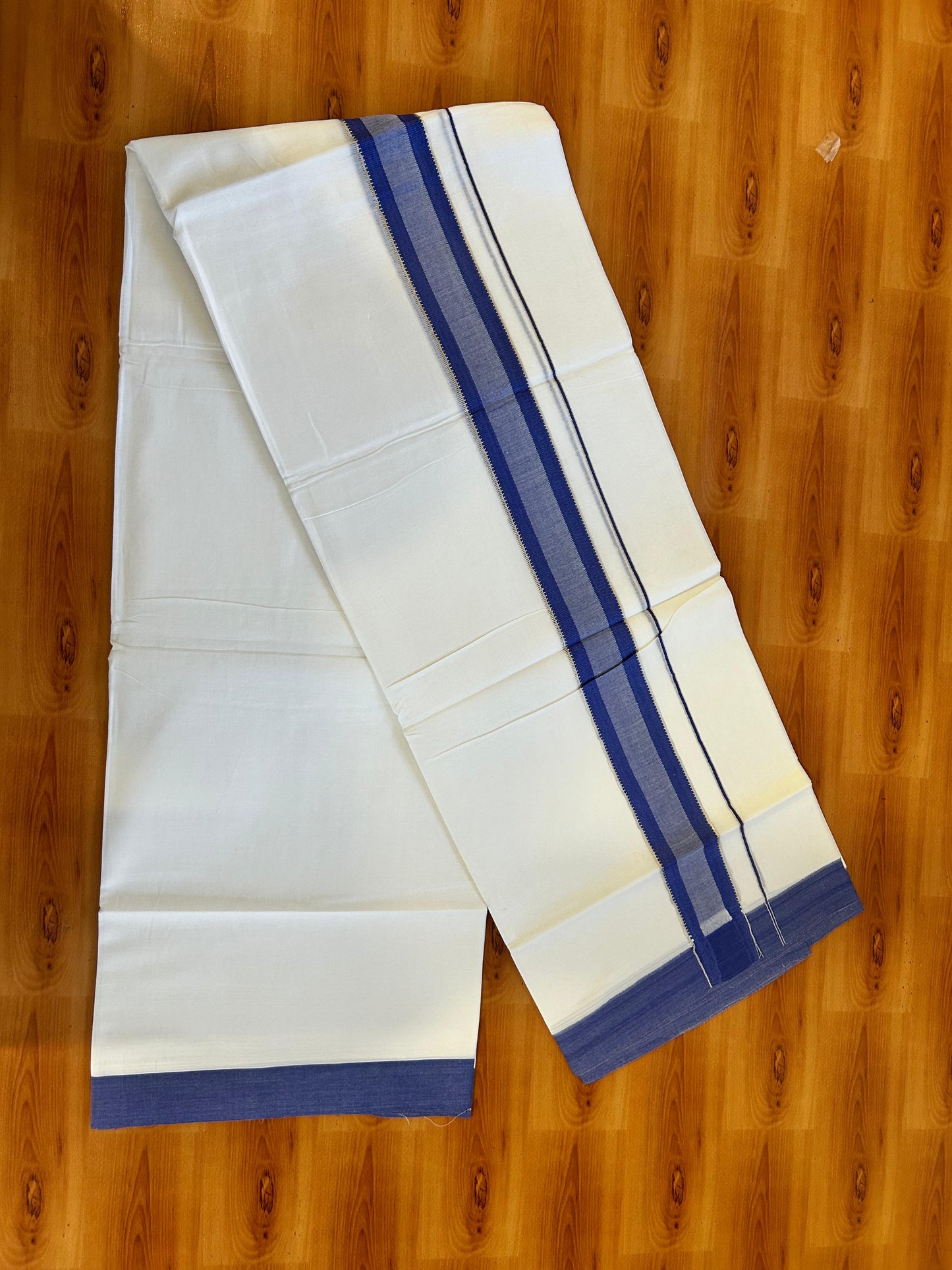 Pure White Double Mundu/Dothi - 20% Discount ! Kaitharikada 100% Cotton 100x100 - 1.75 inch Silver Kasav & Dark Blue Shaded Stripes Kara 3.80 m (8 muzham) - 4 KK5476 MC